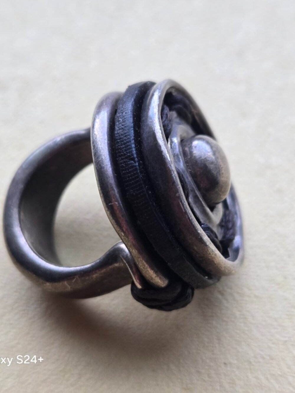 Vintage UNO DE 50 Silver Plate Leather Ring